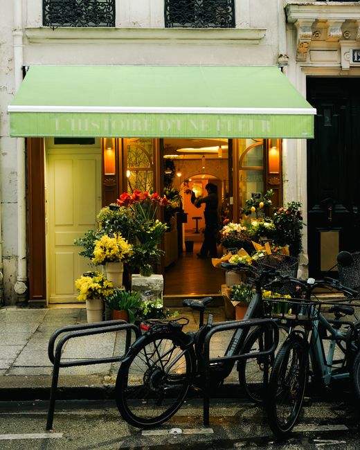 The exterior of a flower shop with a light green awning displaying the text 'HISTOIRE DE FLEUR,' opening onto a warmly lit interior bustling with customers and staff. In front of the shop, there are s